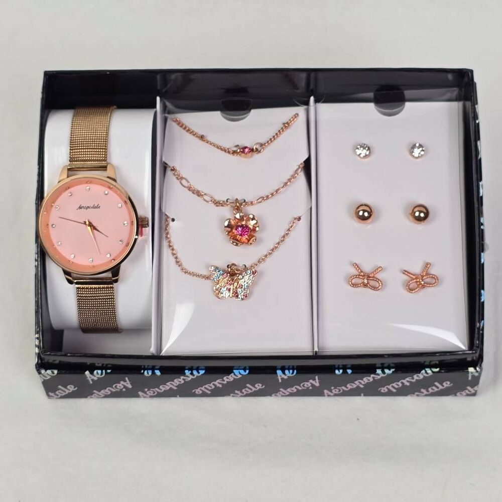 Aeropostale Watch Jewelry Set Necklace Earrings Rose Gold Pink